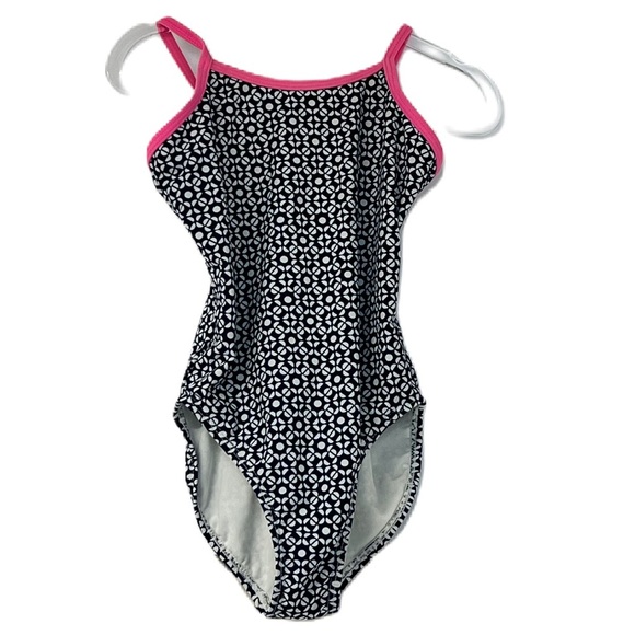 Old Navy Girls sz 5 black white print pink trim summer bathing suit vacation fun - Picture 1 of 3